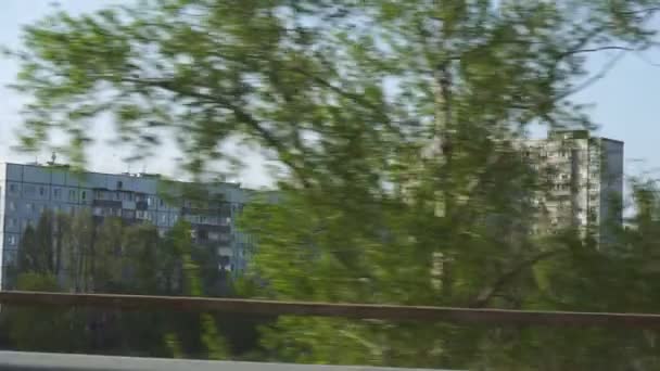 Road view of green trees and buildings — Stock Video