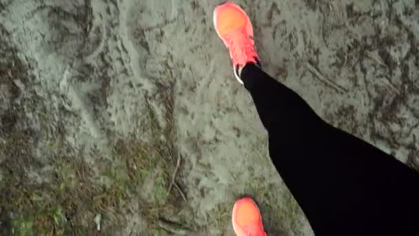 Spor ayakkabı yürüyen bir kum üzerinde kadın ayak yakın çekim — Stok video