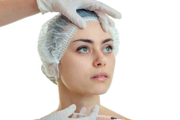 Close-up portrait of a young girl without makeup medical Hat — Stock Photo, Image