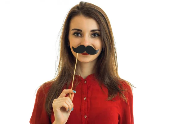 Bela jovem mulher com bigode — Fotografia de Stock