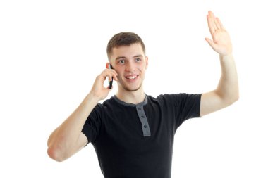 İyi adam elini sallayarak neşeli ve cep telefonu tarafından dedi