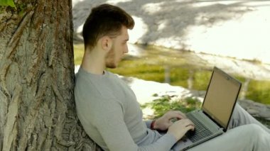 adam Parkı ve çalışma dizüstü bilgisayar ile bir ağacın altında oturuyor