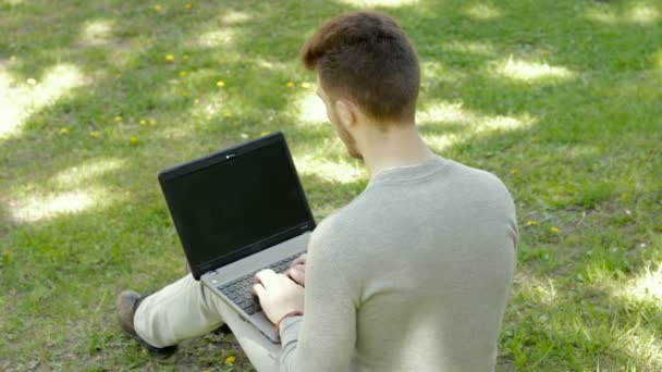 Joven se sienta en una hierba en el parque y la grabación en el ordenador portátil — Vídeos de Stock