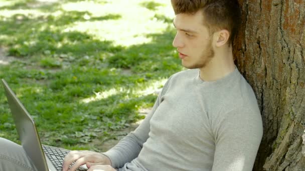 Парень в парке под деревом работает с ноутбуком — стоковое видео