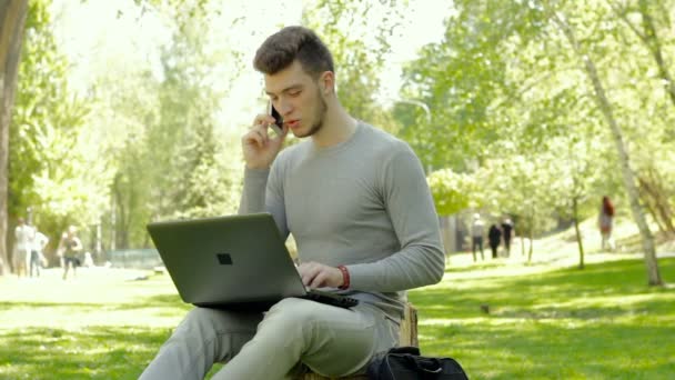 Студент разговаривает по телефону и работает с ноутбуком в парке — стоковое видео