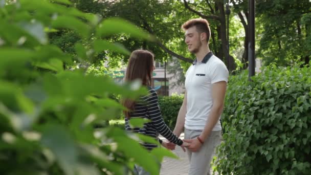 Casal em um parque de mãos dadas e conversas fofas — Vídeo de Stock