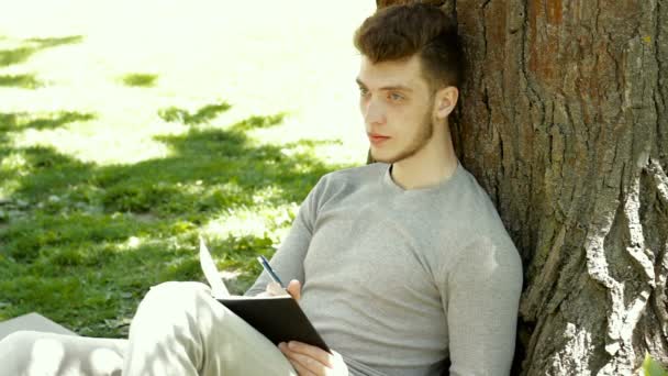 Beau mec fait une entrée dans le livre sous un arbre dans le parc — Video