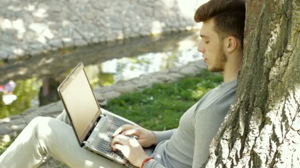 Όμορφος άντρας εργάζεται με ένα laptop κάτω από ένα δέντρο στο πάρκο — Αρχείο Βίντεο