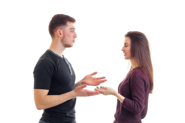 Guy and girl swear look at each other and grow Palms — Stock Photo, Image