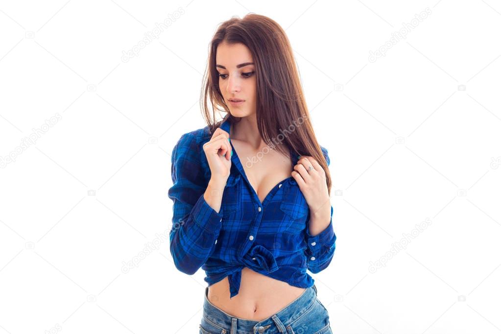sensual hot girl in shirt posing on camera
