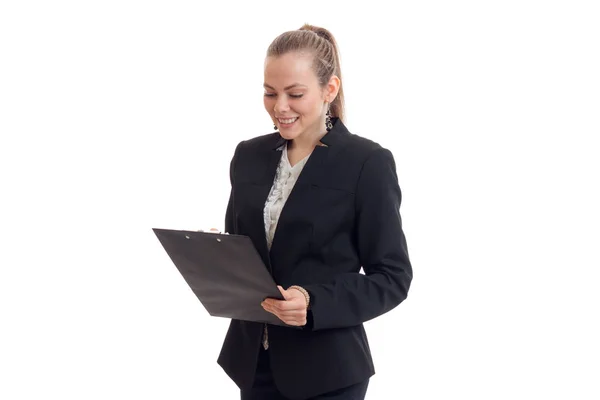 Jovem empresário-loira muito emocionante segurando um Tablet — Fotografia de Stock