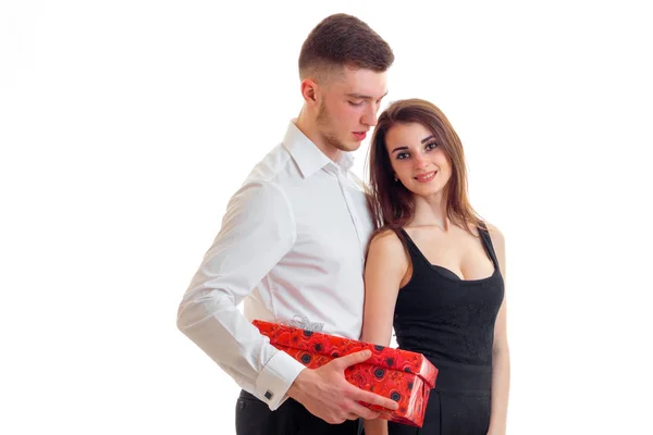 Young guy brought his amazing girl gift — Stock Photo, Image