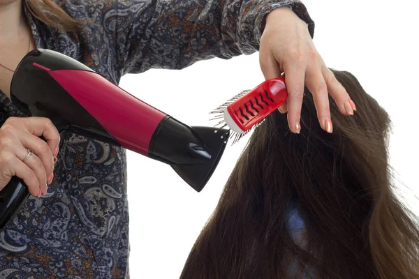 Woman drying hair dryer girl — Stock Photo, Image