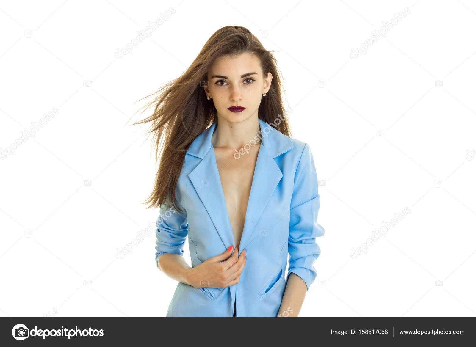 Gorgeous Business Girl In Blue Jacket Without Bra Isolated On