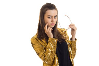 güzel genç kız ile koruyucu gözlük kamera poz parlak elbise