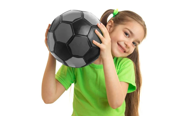 A close-up portrait pretty little girl with the ball in her hands — Stock Photo, Image