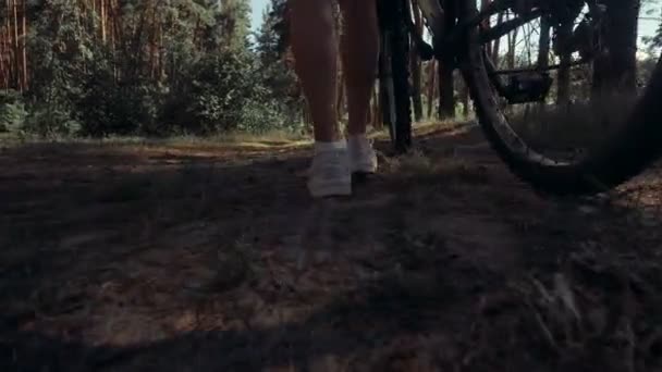 Menina com bicicleta na floresta — Vídeo de Stock