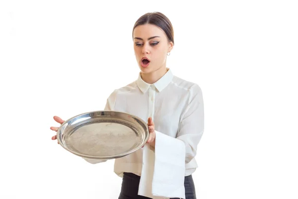 The young waitress drops on the floor of a large round tray — Stock Photo, Image