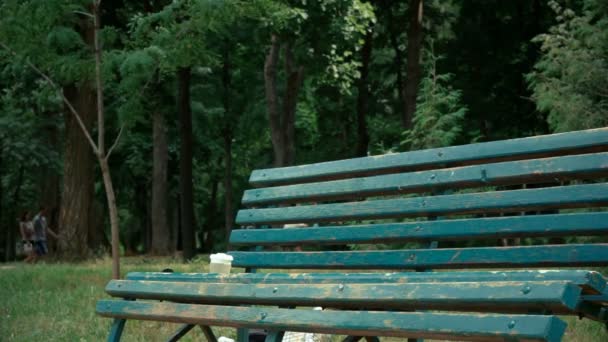 Genç esmer bir bankta oturdu ve dizüstü açtı — Stok video