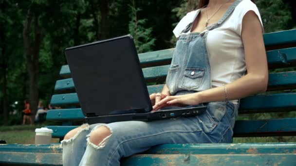 Mujer se sienta en un parque con un gran portátil negro e imprime texto — Vídeos de Stock