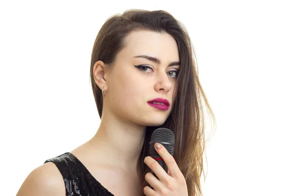 Close up of Charming girl with microphone — Stock Photo, Image