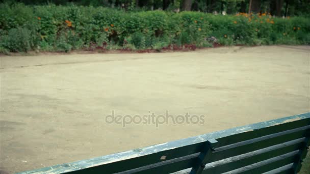 Chica se sienta en un banco en un parque con una computadora portátil en las manos de — Vídeos de Stock