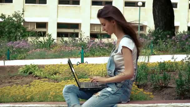 Όμορφη κυρία που κάθεται στο αεράκι σε εξωτερικούς χώρους και εκτυπώσεις σε ένα φορητό υπολογιστή — Αρχείο Βίντεο