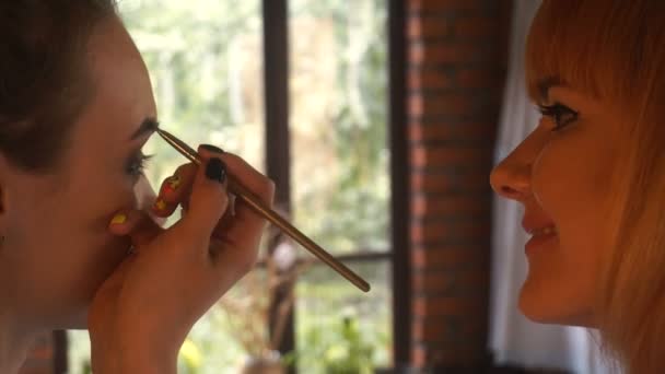 Artista de maquillaje pinta un cepillo de cejas chica joven — Vídeo de stock