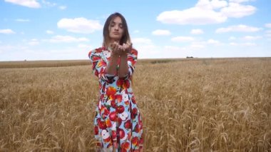 bir alanda duran ve avuç içi buğday spikelet bakarak bir elbiseli genç bayan