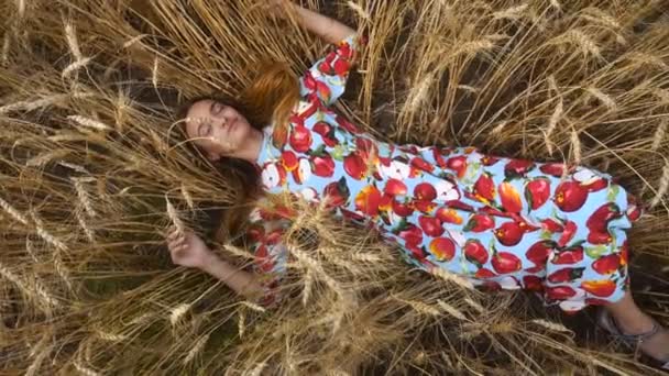 Young girl in a dress lies in the wheat field and smiles — Stock Video