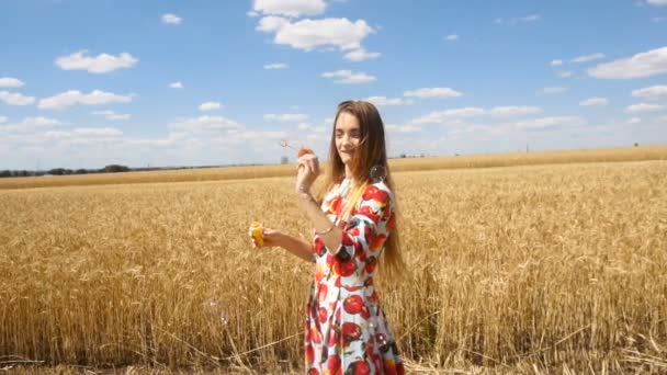 Menina bonita de pé em um campo de trigo sorri e coloca bolhas — Vídeo de Stock