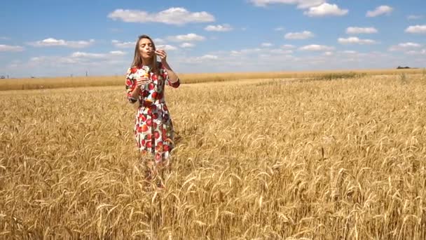 Affascinante ragazza si trova in un campo sullo sfondo del cielo e mette bolle al rallentatore — Video Stock