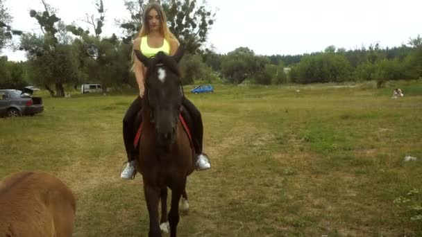 Chica linda paseos a caballo en el día — Vídeo de stock