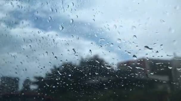 Regnet droppar på genomskinligt glas av bilen — Stockvideo