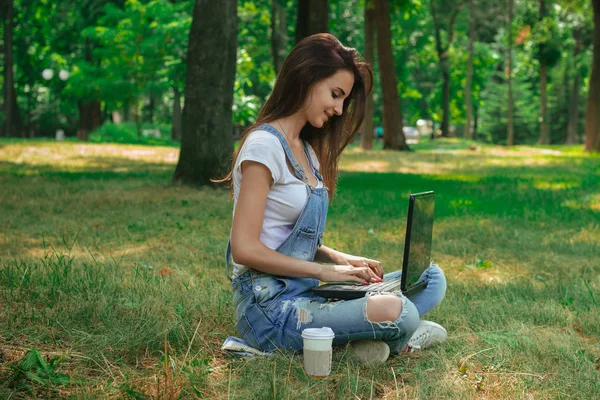 Очаровательная дама сидит на траве и отпечатков на ноутбуке — стоковое фото