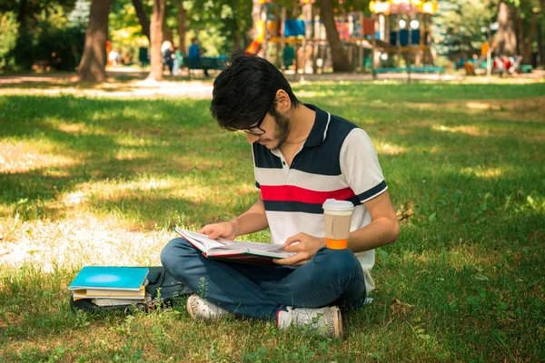 Genç sevimli adam parkta bir kitap okur