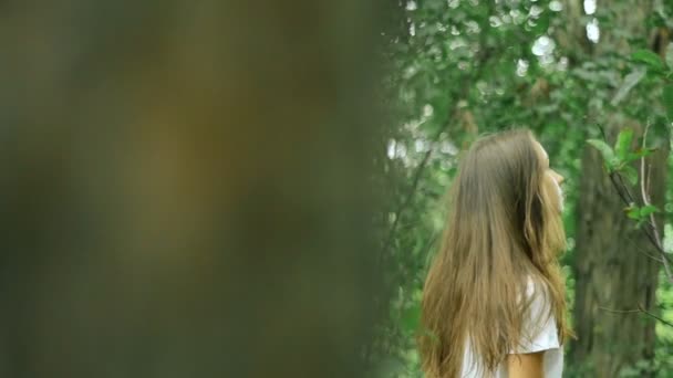 Стильна дівчина проходить через зелений ліс день — стокове відео