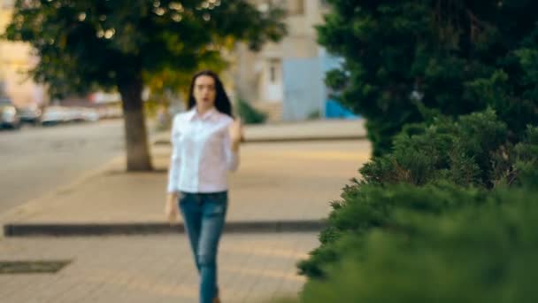 Stijlvolle jonge Latijns-brunette loopt rond de straat — Stockvideo