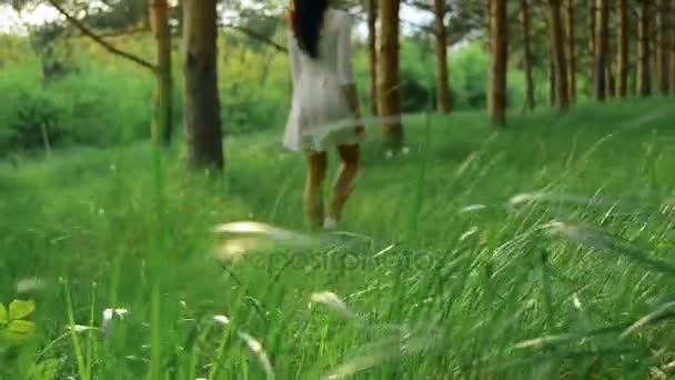 Λεπτή νεαρή κοπέλα με λευκό φόρεμα βαδίζει στο πράσινο ξύλο — Αρχείο Βίντεο