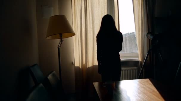 Silhouette tjejen ser ut genom fönstret med en kopp te — Stockvideo