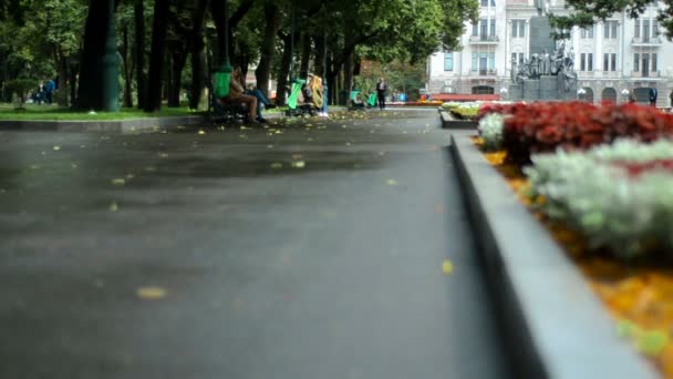 La gente se sienta en bancos en el Parque — Vídeos de Stock