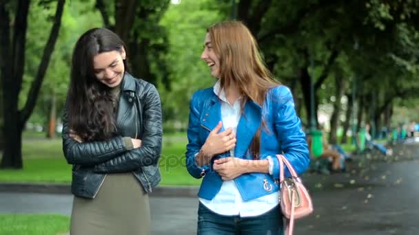 Dos amigas felices pasan por el parque sonriendo y hablando — Vídeo de stock