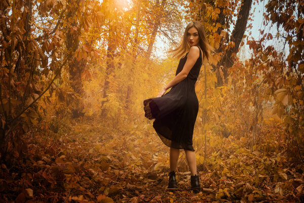 Beautiful young girl in black dress posing on camera in golden autumn wood outdoors