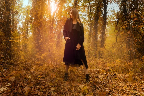 Jovem linda menina loira em casaco preto na floresta dourada — Fotografia de Stock