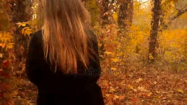 Menina alegre no casaco preto caminha na floresta de outono dourada — Vídeo de Stock