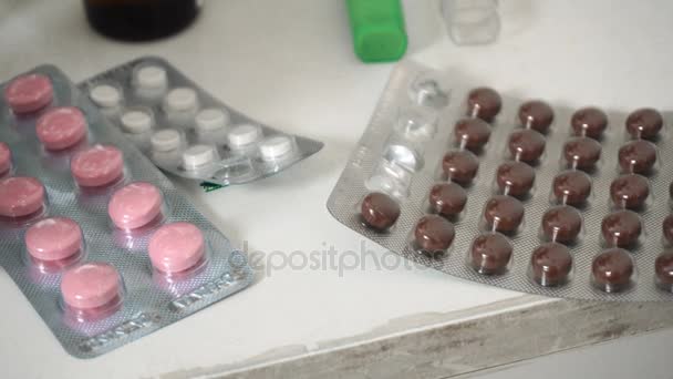 Close Woman Takes Medication White Table — Stock Video