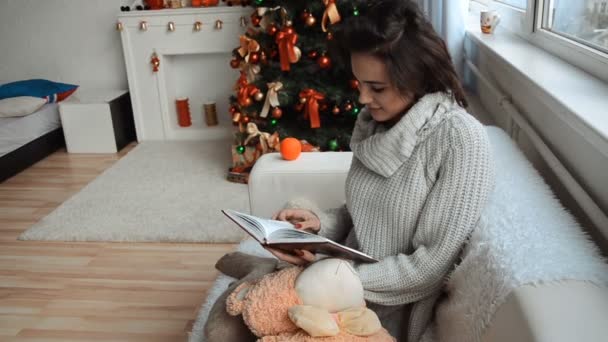 メモ帳と自宅の窓の外に見えるソファでクリスマス ツリーのそばに座ってきれいな女の子 — ストック動画