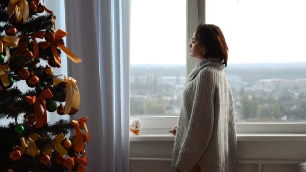 Mignonne Jeune Fille Regarde Par Fenêtre Près Arbre Noël Boire — Video