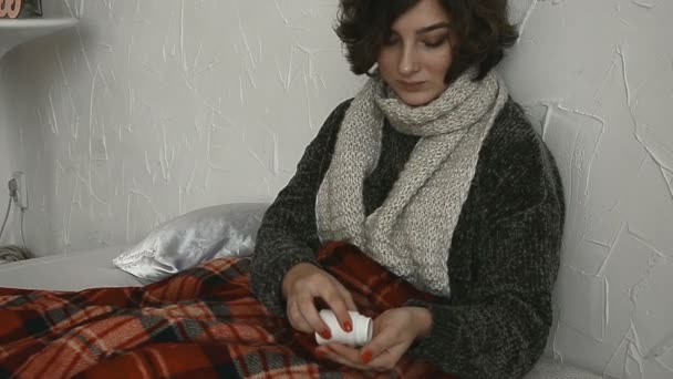 Sick Woman Bed Drinking Pill Home — Stock Video