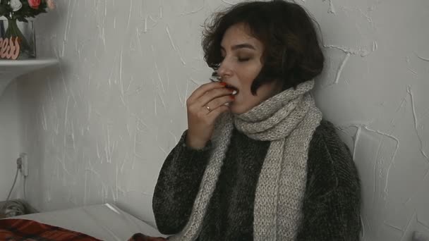 Sick Girl Warm Sweater Eating Pill Bed Home — Stock Video